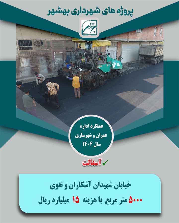 تخصیص1033 میلیارد ریال از منابع شهرداری بهشهر به 165 هزار متر مربع پروژه آسفالت در معابر ویژه سال  1404