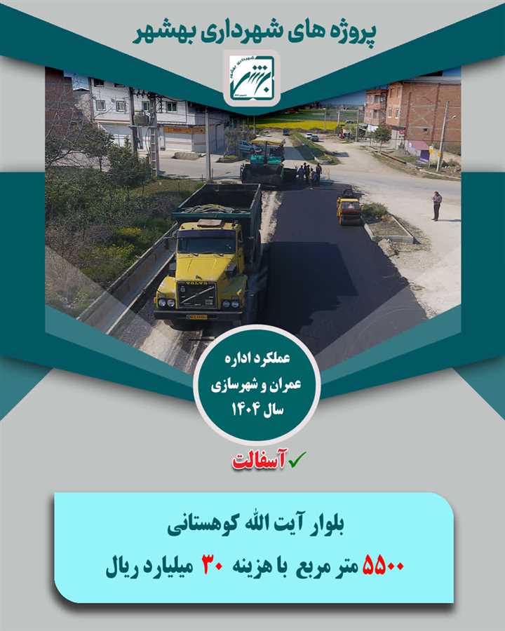 تخصیص1033 میلیارد ریال از منابع شهرداری بهشهر به 165 هزار متر مربع پروژه آسفالت در معابر ویژه سال  1404