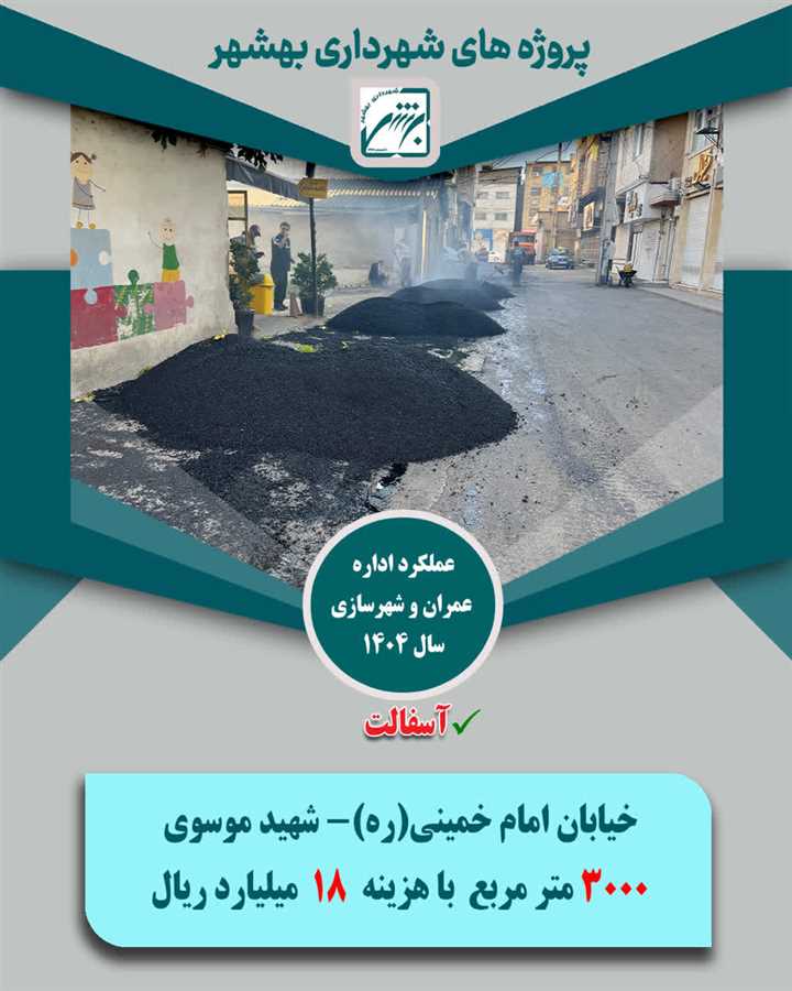 تخصیص1033 میلیارد ریال از منابع شهرداری بهشهر به 165 هزار متر مربع پروژه آسفالت در معابر ویژه سال  1404