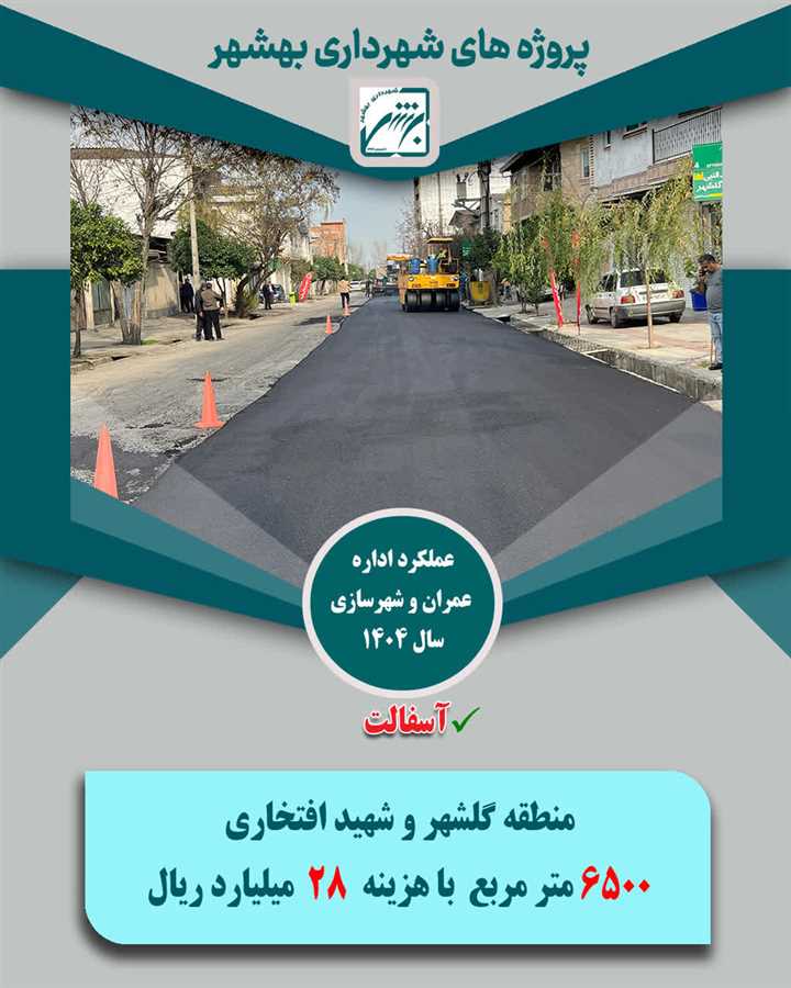 تخصیص1033 میلیارد ریال از منابع شهرداری بهشهر به 165 هزار متر مربع پروژه آسفالت در معابر ویژه سال  1404