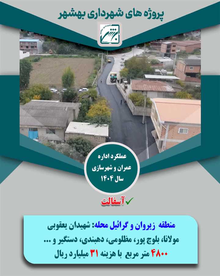 تخصیص1033 میلیارد ریال از منابع شهرداری بهشهر به 165 هزار متر مربع پروژه آسفالت در معابر ویژه سال  1404