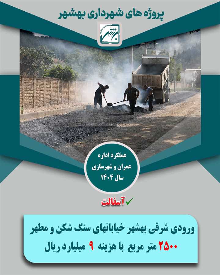 تخصیص1033 میلیارد ریال از منابع شهرداری بهشهر به 165 هزار متر مربع پروژه آسفالت در معابر ویژه سال  1404