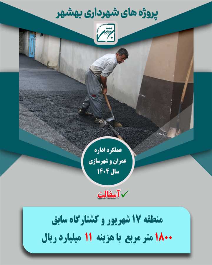 تخصیص1033 میلیارد ریال از منابع شهرداری بهشهر به 165 هزار متر مربع پروژه آسفالت در معابر ویژه سال  1404