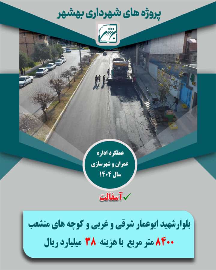تخصیص1033 میلیارد ریال از منابع شهرداری بهشهر به 165 هزار متر مربع پروژه آسفالت در معابر ویژه سال  1404