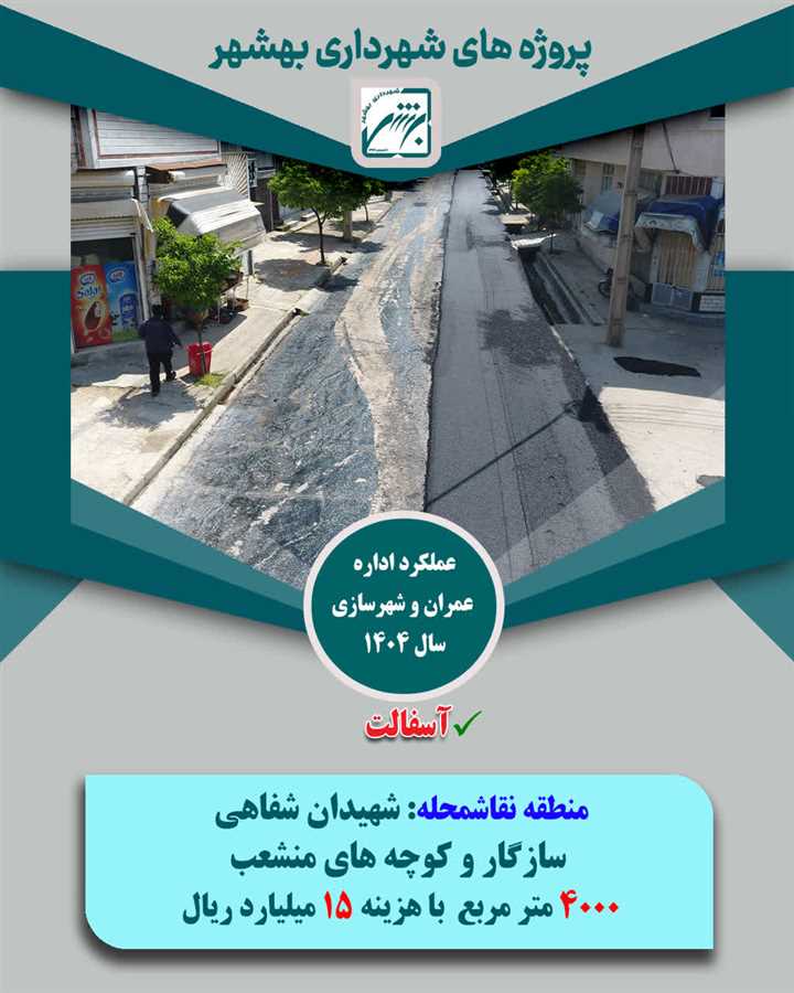 تخصیص1033 میلیارد ریال از منابع شهرداری بهشهر به 165 هزار متر مربع پروژه آسفالت در معابر ویژه سال  1404