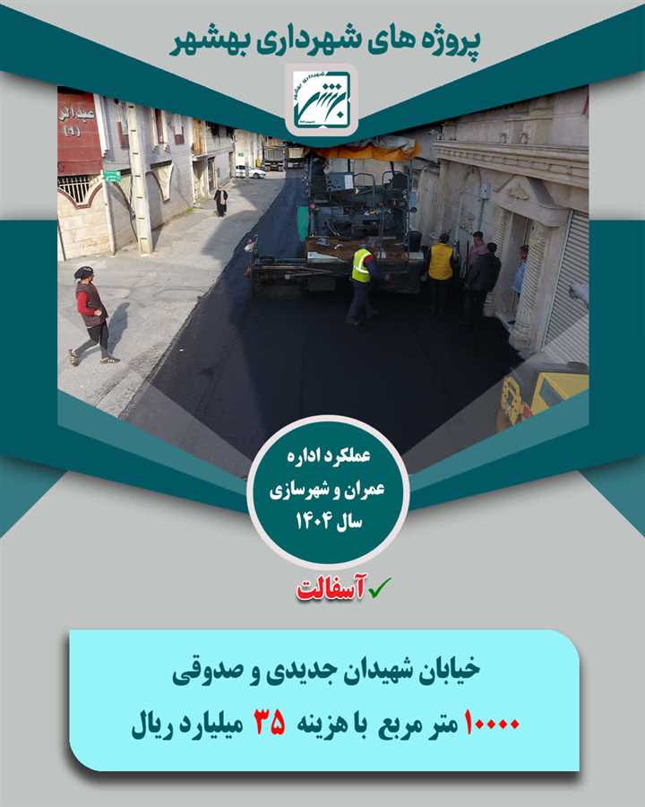 تخصیص1033 میلیارد ریال از منابع شهرداری بهشهر به 165 هزار متر مربع پروژه آسفالت در معابر ویژه سال  1404